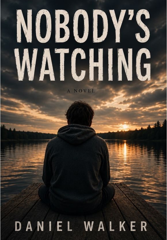 The cover of Nobody’s Watching, a novel by Daniel Walker: a boy in a hooded sweatshirt sits on a dock facing a lake at sunset.